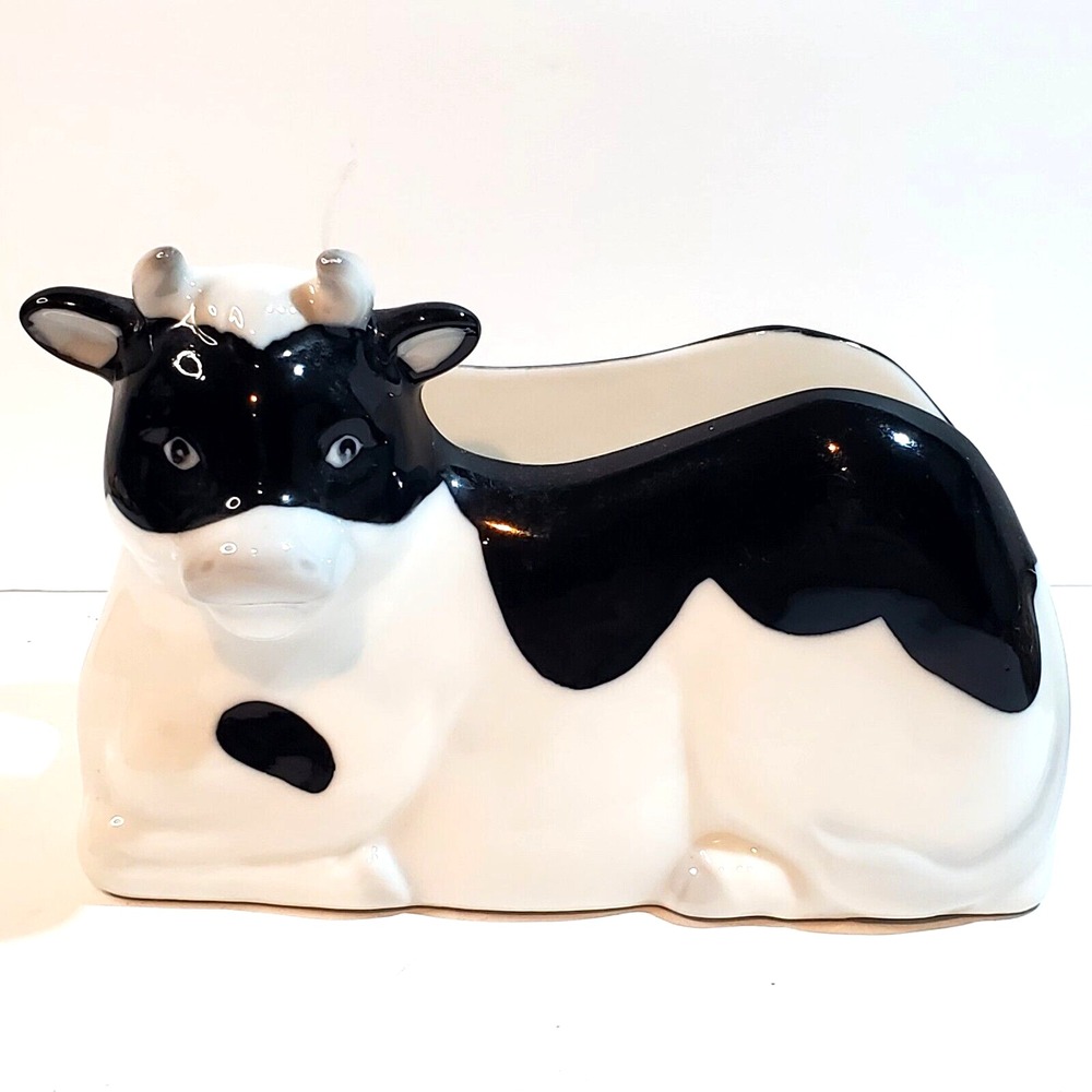 Vintage Henriksen Imports Inc Ceramic Cow Bull Black White Napkin Holder Japan